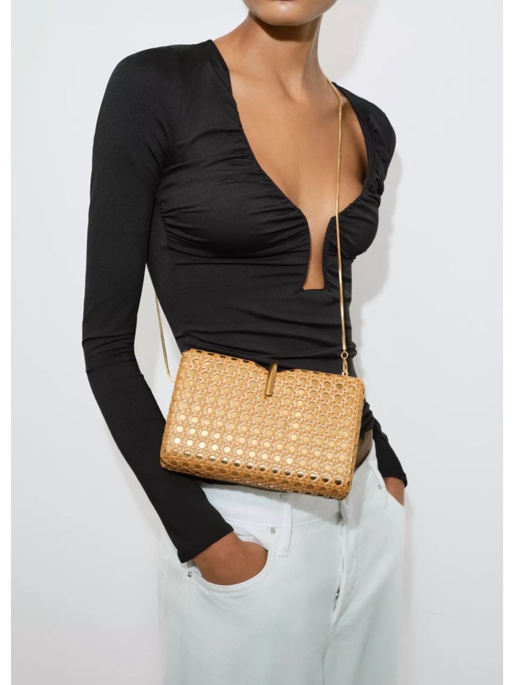 Zara Metallic Rigid Gold Box in Woven Straw Bag